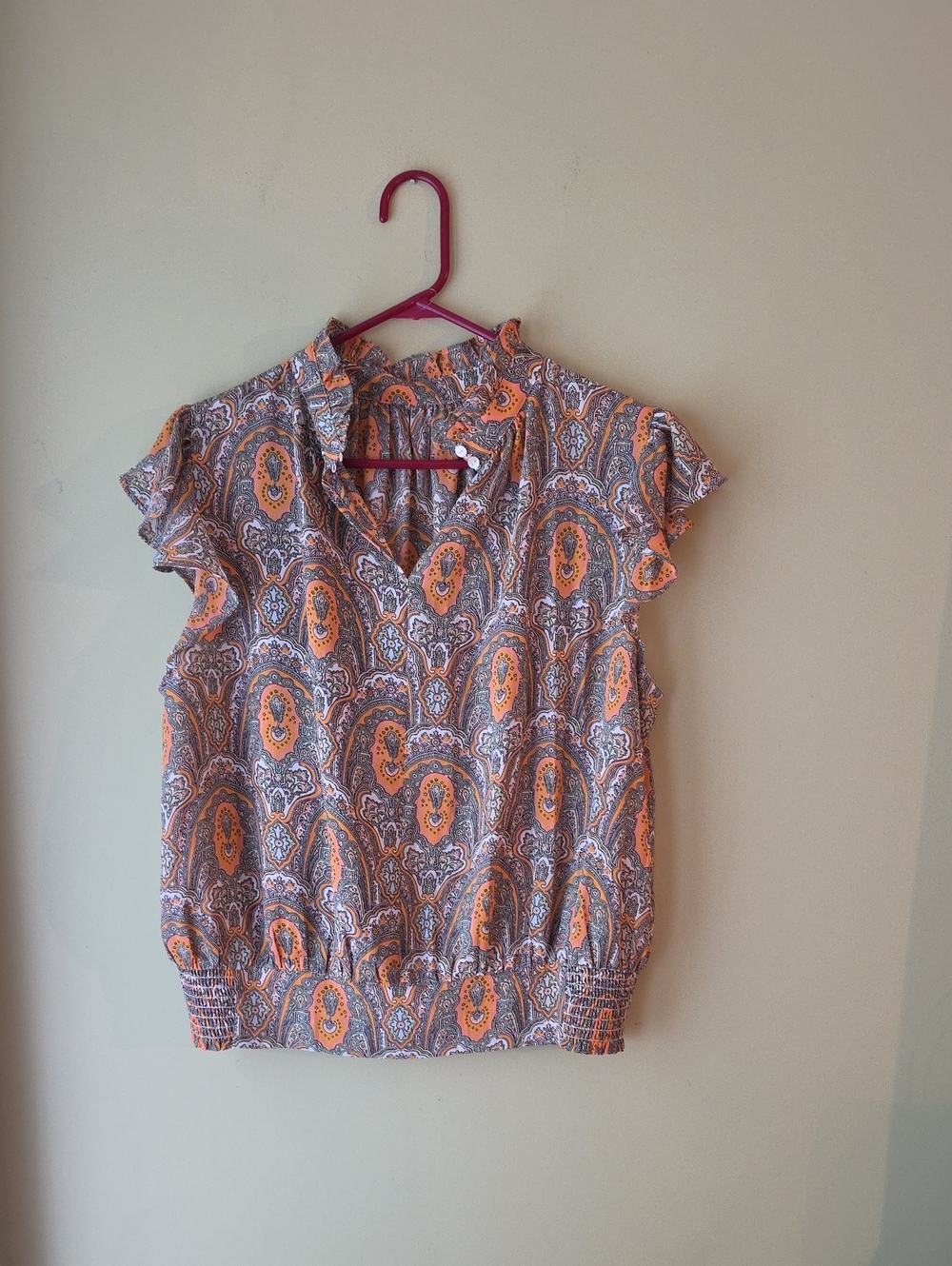Ann Taylor Paisley Flutter-Sleeve Blouse in Orange and Gray